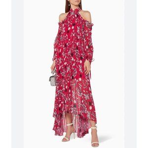 NWOT Self-Portrait Floral Chiffon Maxi Dress Red Cold Shoulder Pleated Hi-Low